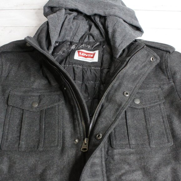 Levi's Men's Wool Military Jacket Size M Charcoal Gray Hooded Quilted - Picture 4 of 7